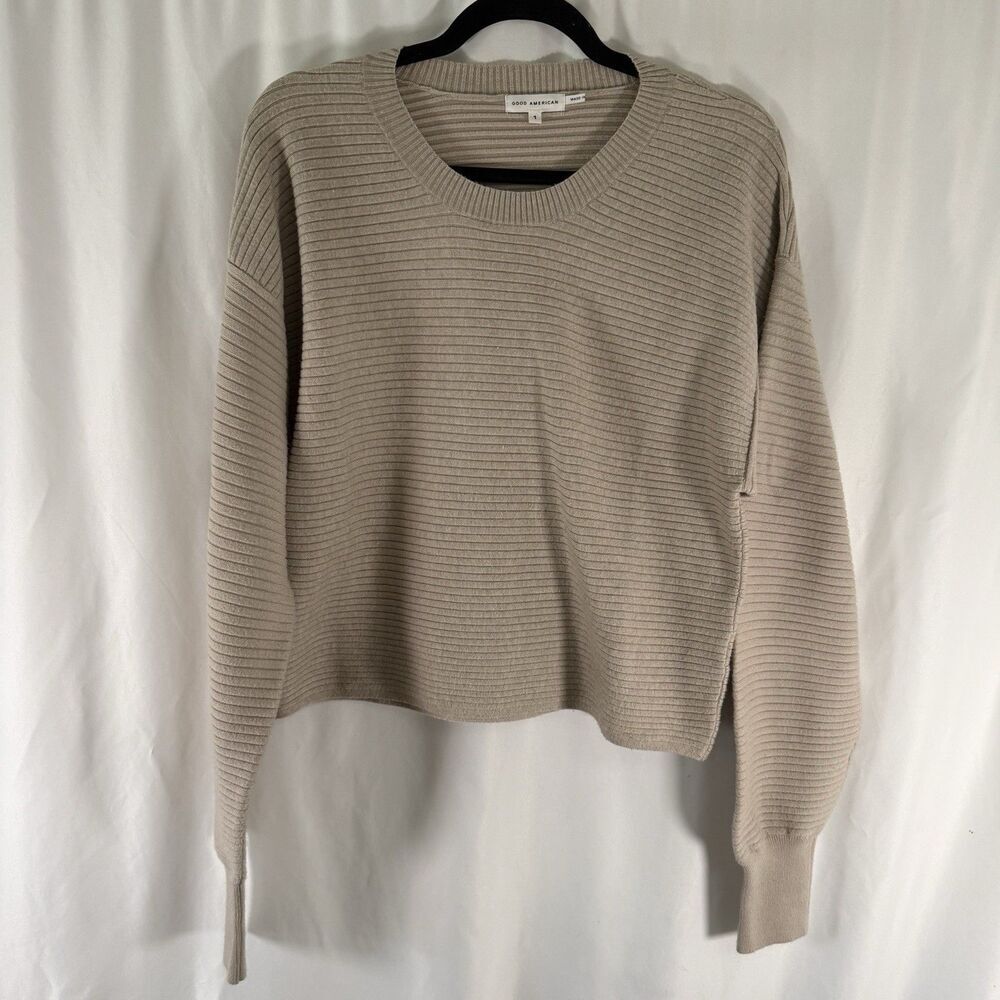 Good American Sweater Women's 1 Small Beige Ribbed Knit Cropped Crewneck